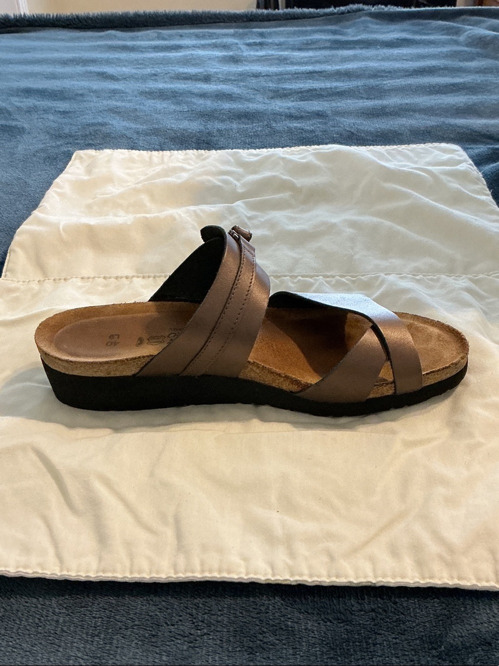 Naot Metallic Bronze Crossed Slide Sandal
